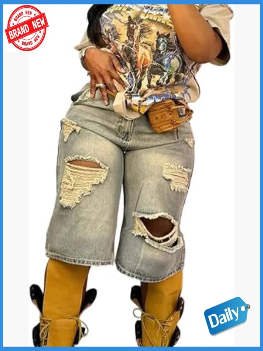 Baggy High Waisted Distressed Ripped Wide Leg Bermuda Jean Shorts Women Y2k